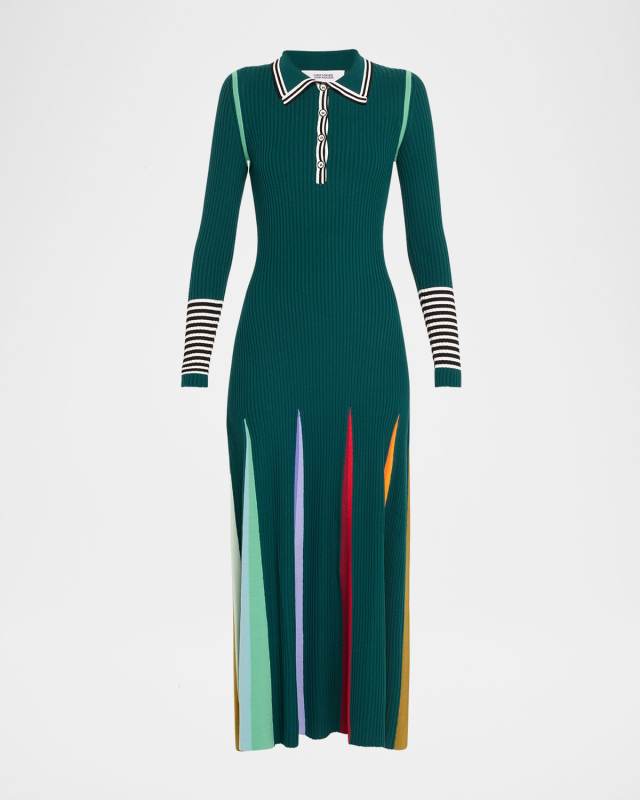 Multicolor Godet-Skirt Rib Maxi Polo Dress